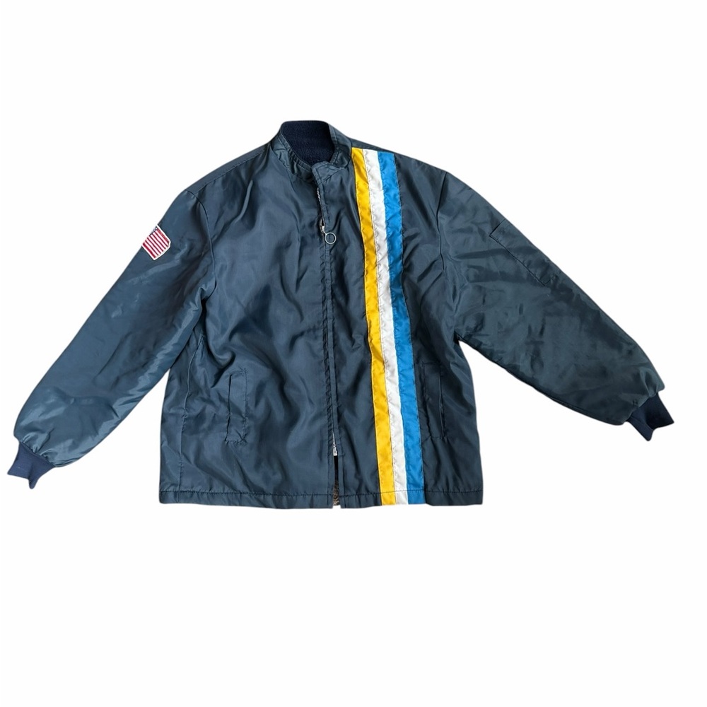 1970s Great Lakes Sportswear Dark Navy w/Stripes Full Zip Windbreaker Jacket